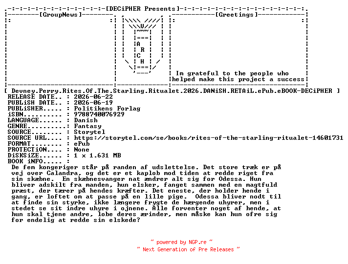 NFO for the release Devney.Perry.Rites.Of.The.Starling.Ritualet.2026.DANiSH.RETAiL.ePub.eBOOK-DECiPHER by DECiPHER