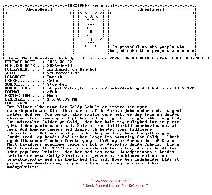 NFO for the release Diane.Mott.Davidson.Drab.Og.Delikatesser.2026.DANiSH.RETAiL.ePub.eBOOK-DECiPHER by DECiPHER