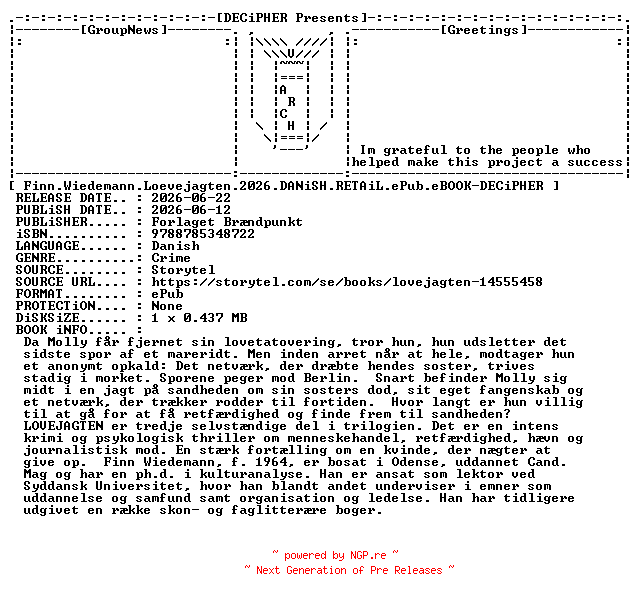 NFO for the release Finn.Wiedemann.Loevejagten.2026.DANiSH.RETAiL.ePub.eBOOK-DECiPHER by DECiPHER