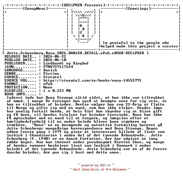 NFO for the release Jette.Schoenberg.Runa.2026.DANiSH.RETAiL.ePub.eBOOK-DECiPHER by DECiPHER