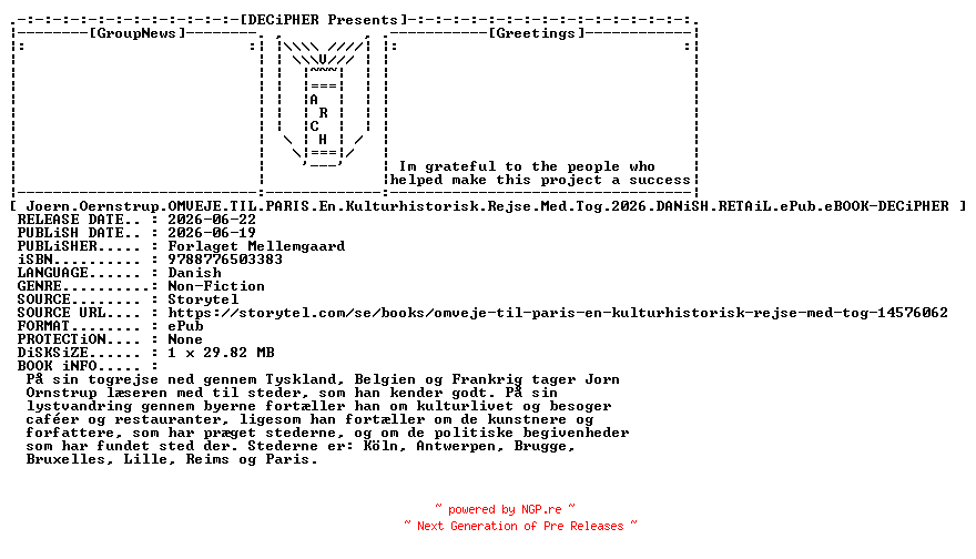 NFO for the release Joern.Oernstrup.Omveje.Til.Paris.En.Kulturhistorisk.Rejse.Med.Tog.2026.DANiSH.RETAiL.ePub.eBOOK-DECiPHER by DECiPHER
