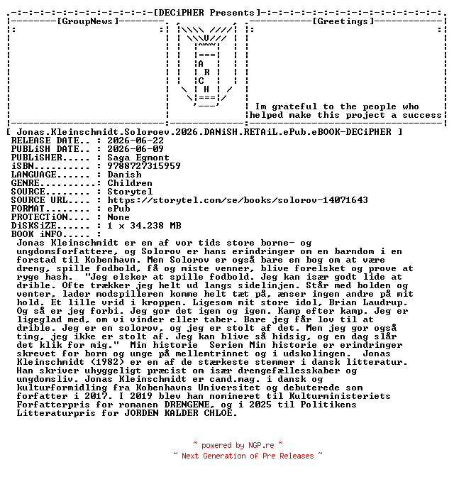 NFO for the release Jonas.Kleinschmidt.Soloroev.2026.DANiSH.RETAiL.ePub.eBOOK-DECiPHER by DECiPHER
