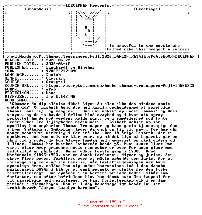 NFO for the release Knud.Nordentoft.Thomas.Troesagers.Fejl.2026.DANiSH.RETAiL.ePub.eBOOK-DECiPHER by DECiPHER