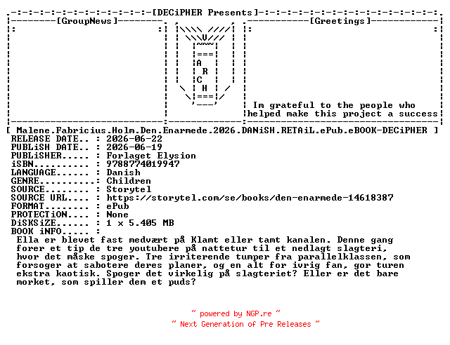 NFO for the release Malene.Fabricius.Holm.Den.Enarmede.2026.DANiSH.RETAiL.ePub.eBOOK-DECiPHER by DECiPHER