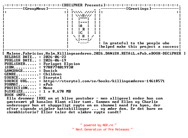 NFO for the release Malene.Fabricius.Holm.Killingeaederen.2026.DANiSH.RETAiL.ePub.eBOOK-DECiPHER by DECiPHER