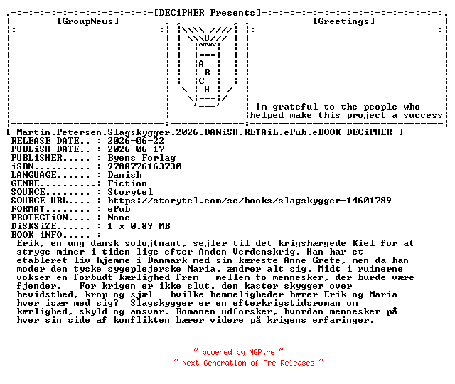 NFO for the release Martin.Petersen.Slagskygger.2026.DANiSH.RETAiL.ePub.eBOOK-DECiPHER by DECiPHER