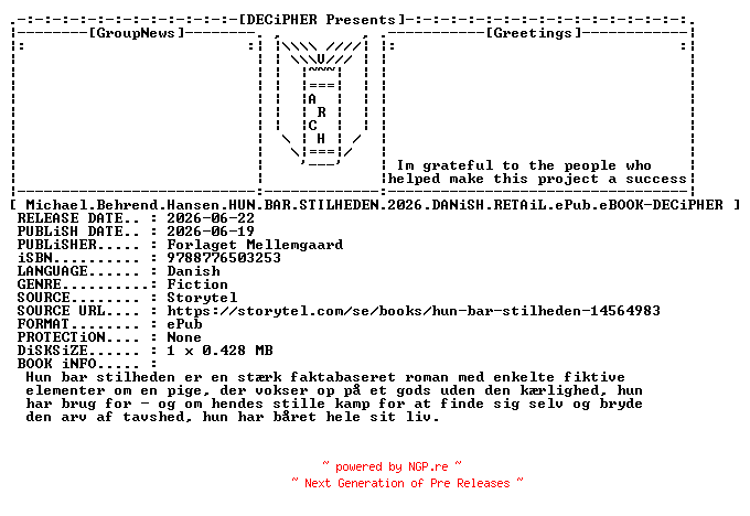 NFO for the release Michael.Behrend.Hansen.Hun.Bar.Stilheden.2026.DANiSH.RETAiL.ePub.eBOOK-DECiPHER by DECiPHER