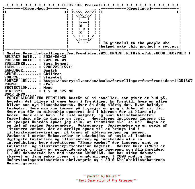 NFO for the release Morten.Durr.Fortaellinger.Fra.Fremtiden.2026.DANiSH.RETAiL.ePub.eBOOK-DECiPHER by DECiPHER