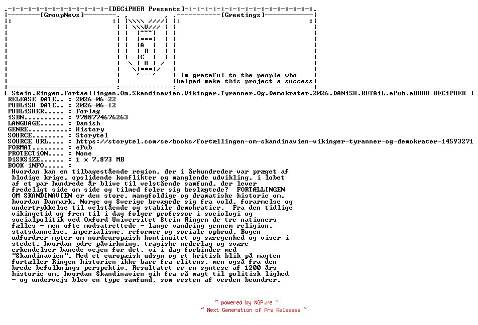 NFO for the release Stein.Ringen.Fortaellingen.Om.Skandinavien.Vikinger.Tyranner.Og.Demokrater.2026.DANiSH.RETAiL.ePub.eBOOK-DECiPHER by DECiPHER
