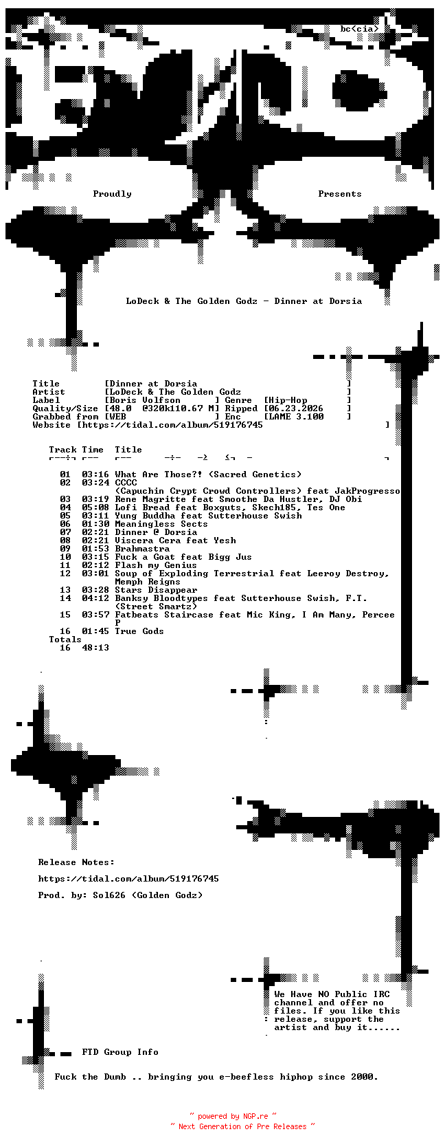 NFO for the release LoDeck_and_The_Golden_Godz-Dinner_at_Dorsia-WEB-2026-FTD by FTD