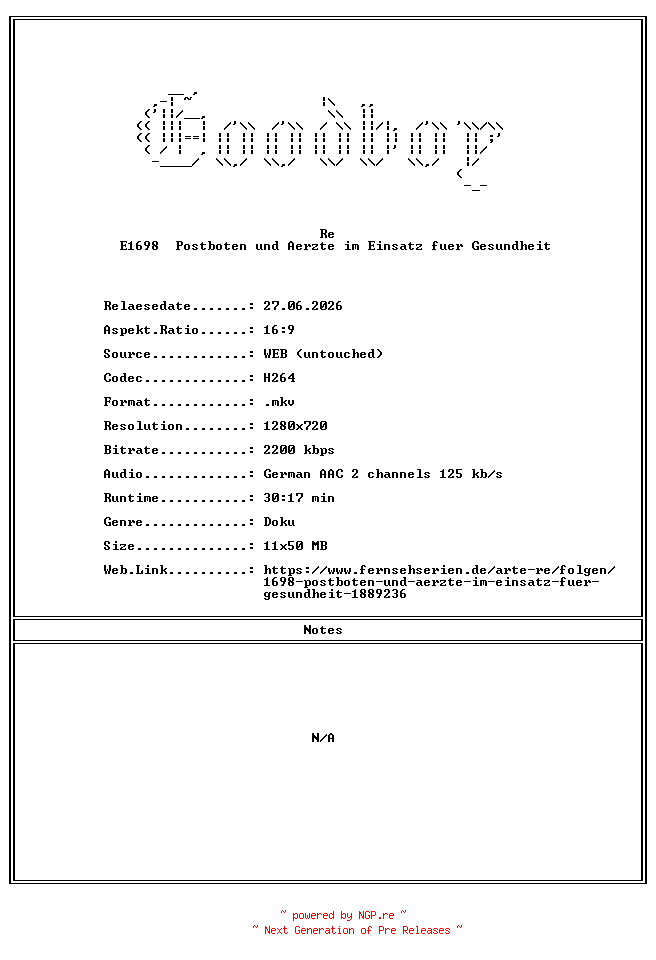 NFO for the release Re.E1698.Postboten.und.Aerzte.im.Einsatz.fuer.Gesundheit.GERMAN.DOKU.720P.WebHD.H264-Goodboy by Goodboy