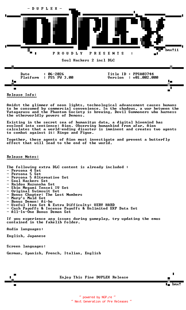 NFO for the release Soul.Hackers.2.incl.DLC.PS5-DUPLEX by DUPLEX