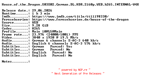 NFO for the release House.of.the.Dragon.S03E02.German.DL.HDR.2160p.WEB.h265.INTERNAL-W4K by W4K