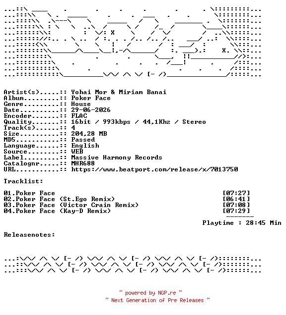 NFO for the release Yohai_Mor_And_Miriam_Banai-Poker_Face-MHR688-16BIT-WEB-FLAC-2026-WAVED by WAVED
