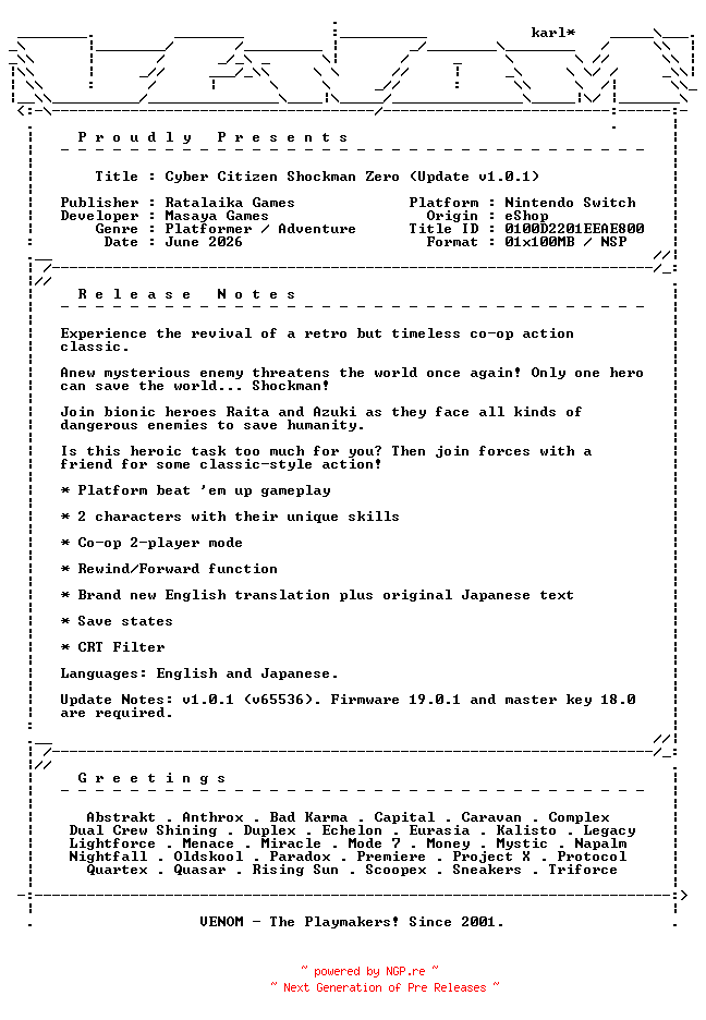 NFO for the release Cyber_Citizen_Shockman_Zero_Update_v1.0.1_NSW-VENOM by VENOM