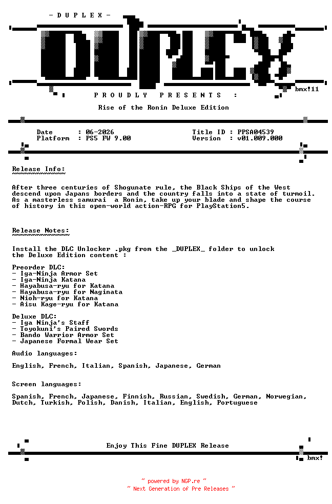 NFO for the release Rise.of.the.Ronin.Deluxe.Edition.PS5-DUPLEX by DUPLEX