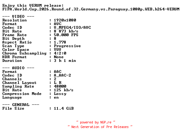 NFO for the release FIFA.World.Cup.2026.Round.of.32.Germany.vs.Paraguay.1080p.WEB.h264-VERUM by VERUM
