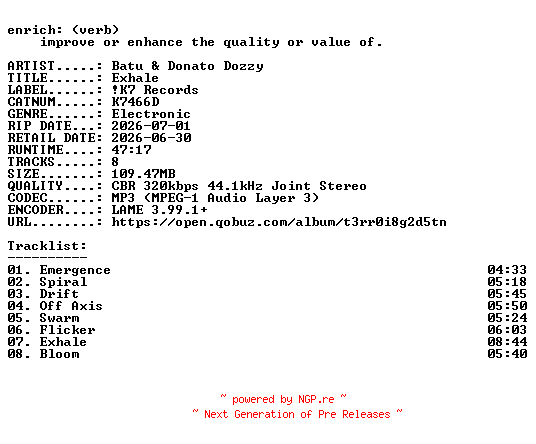 NFO for the release Batu_and_Donato_Dozzy-Exhale-(K7466D)-WEB-2026-ENRiCH by ENRiCH