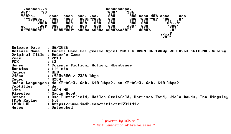 NFO for the release Enders.Game.Das.grosse.Spiel.2013.GERMAN.DL.1080p.WEB.H264.iNTERNAL-SunDry by SunDry