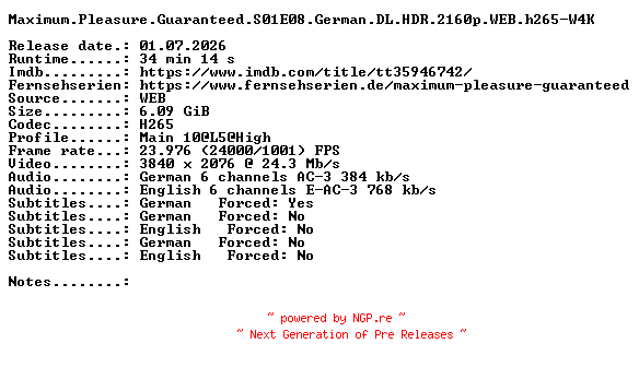 NFO for the release Maximum.Pleasure.Guaranteed.S01E08.German.DL.HDR.2160p.WEB.h265-W4K by W4K