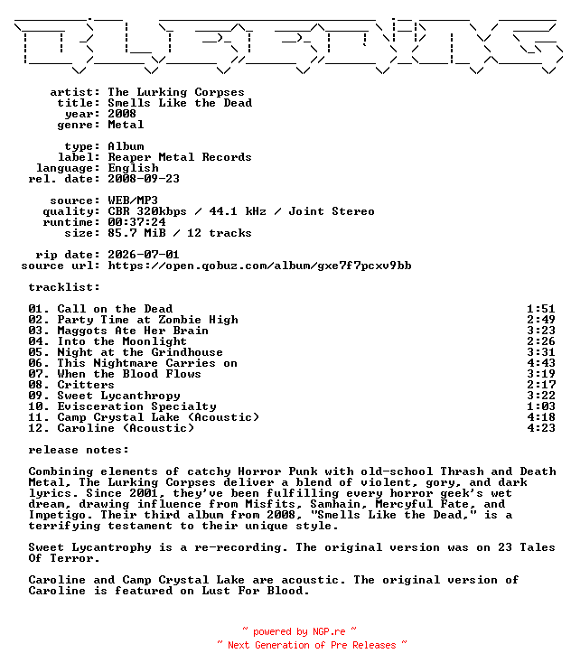 NFO for the release The_Lurking_Corpses-Smells_Like_the_Dead-WEB-2008-BLEEDiNG by BLEEDiNG