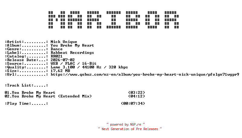 NFO for the release Nick_Unique-You_Broke_My_Heart-(RR021)-WEB-2026-MARiBOR by MARiBOR