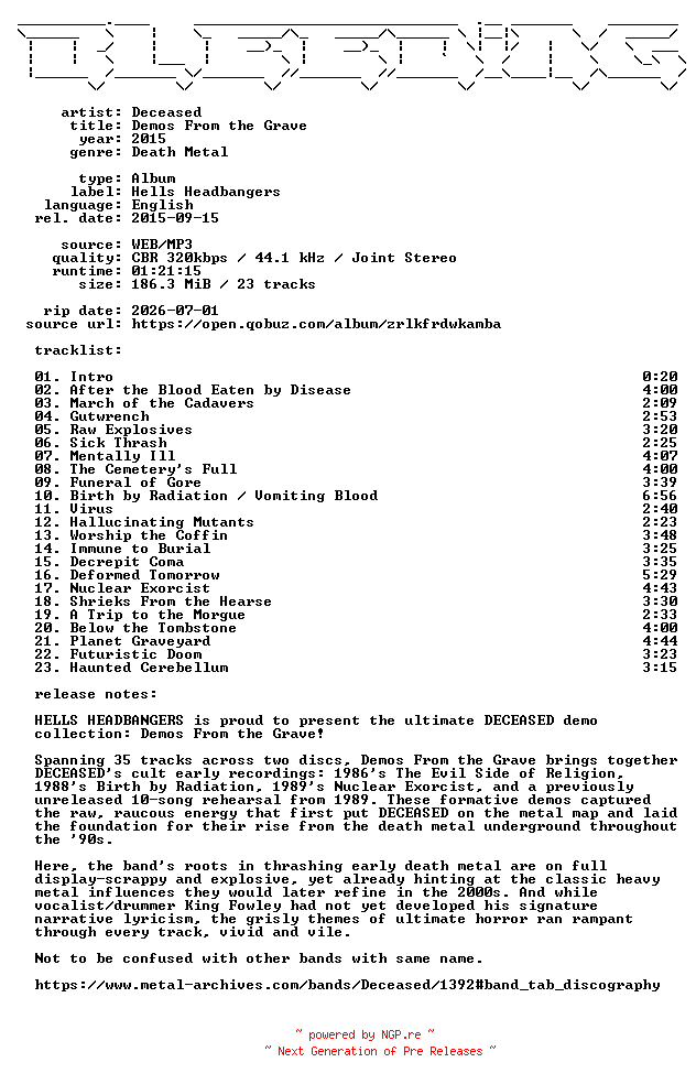 NFO for the release Deceased-Demos_From_the_Grave-WEB-2015-BLEEDiNG by BLEEDiNG