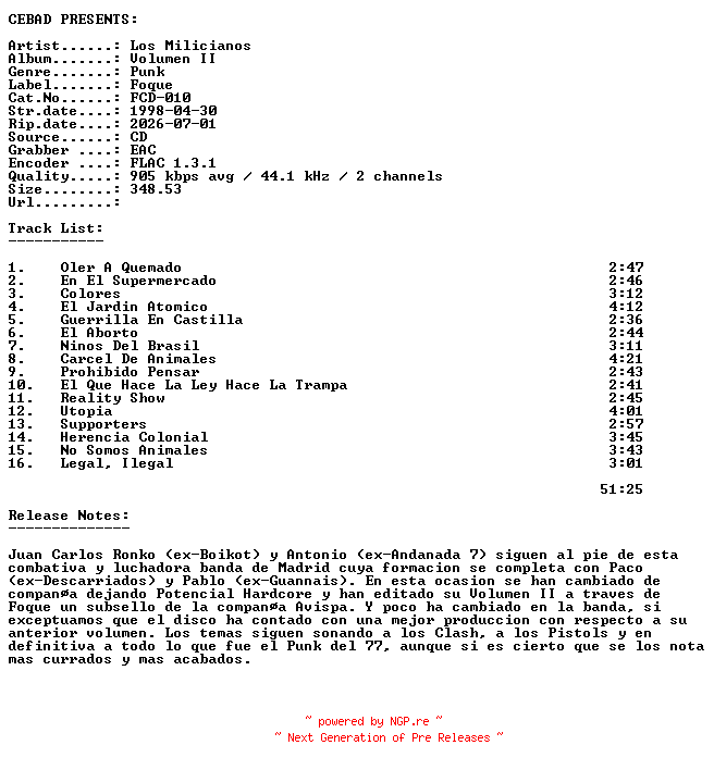 NFO for the release Los_Milicianos-Volumen_II-(FCD-010)-ES-CD-FLAC-1998-CEBAD by CEBAD