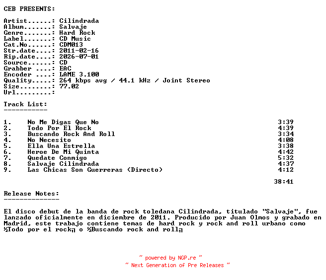 NFO for the release Cilindrada-Salvaje-(CDM013)-ES-CD-2011-CEB by CEB