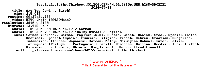 NFO for the release Survival.of.the.Thickest.S01E04.GERMAN.DL.2160p.WEB.h265-KNOEDEL by KNOEDEL