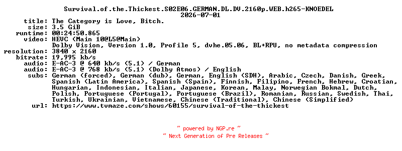 NFO for the release Survival.of.the.Thickest.S02E06.GERMAN.DL.DV.2160p.WEB.h265-KNOEDEL by KNOEDEL