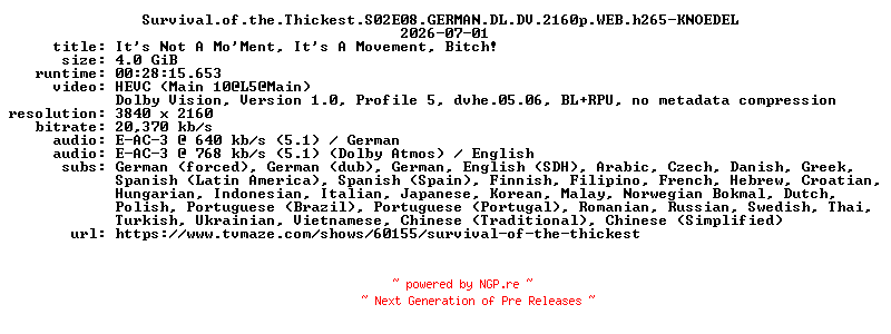 NFO for the release Survival.of.the.Thickest.S02E08.GERMAN.DL.DV.2160p.WEB.h265-KNOEDEL by KNOEDEL