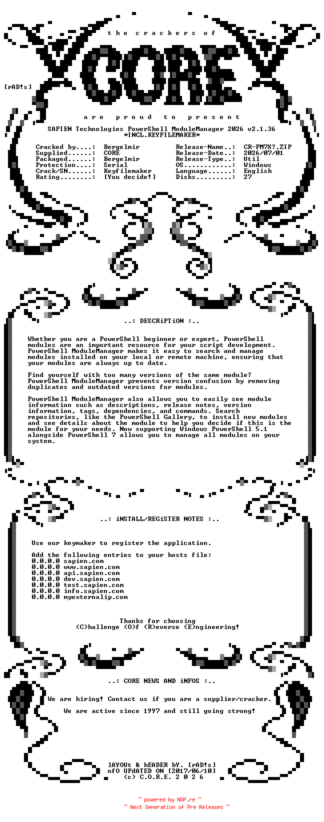 NFO for the release SAPIEN.Technologies.PowerShell.ModuleManager.2026.v2.1.36.x64.Incl.Keyfilemaker-CORE by CORE