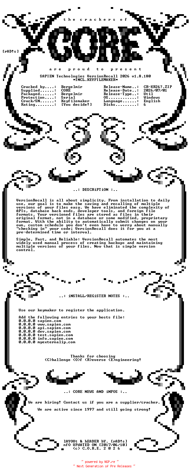 NFO for the release SAPIEN.Technologies.VersionRecall.2026.v1.8.180.ARM64.Incl.Keyfilemaker-CORE by CORE