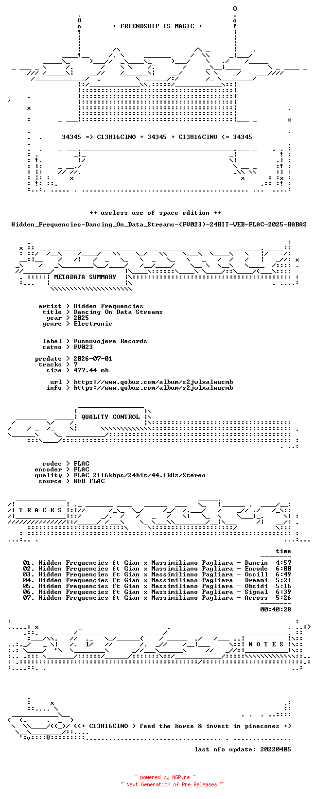 NFO for the release Hidden_Frequencies-Dancing_On_Data_Streams-(FV023)-24BIT-WEB-FLAC-2025-BABAS by BABAS