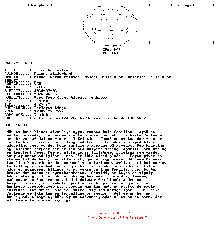 NFO for the release Malene_Bille_Ahmt_-_De_Raske_Soeskende-AUDiOBOOK-WEB-DK-2026-CRAViNGS_iNT by CRAViNGS_iNT