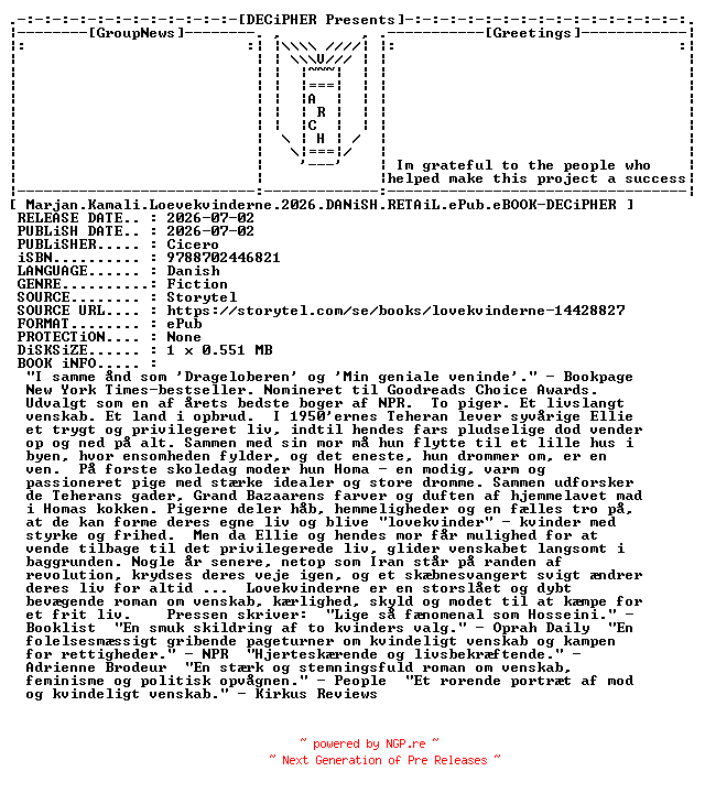 NFO for the release Marjan.Kamali.Loevekvinderne.2026.DANiSH.RETAiL.ePub.eBOOK-DECiPHER by DECiPHER