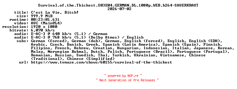 NFO for the release Survival.of.the.Thickest.S03E04.GERMAN.DL.1080p.WEB.h264-SAUERKRAUT by SAUERKRAUT