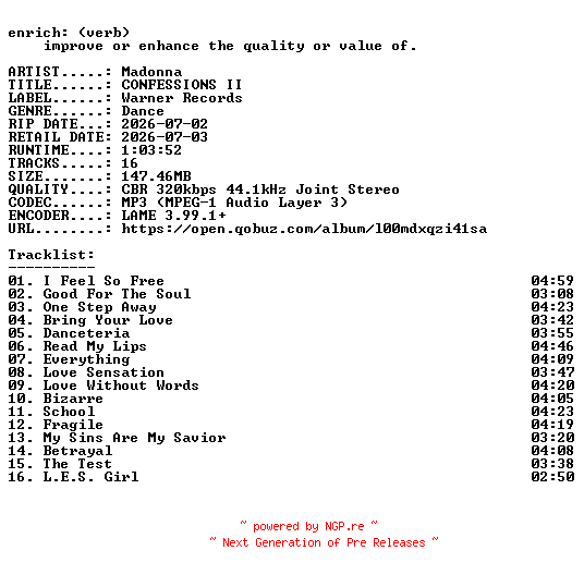NFO for the release Madonna-CONFESSIONS_II-WEB-2026-ENRiCH by ENRiCH