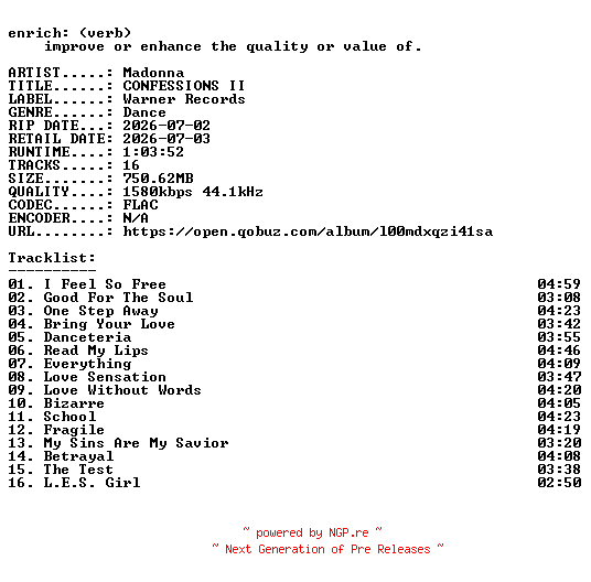 NFO for the release Madonna-CONFESSIONS_II-24BIT-WEB-FLAC-2026-ENRiCH by ENRiCH