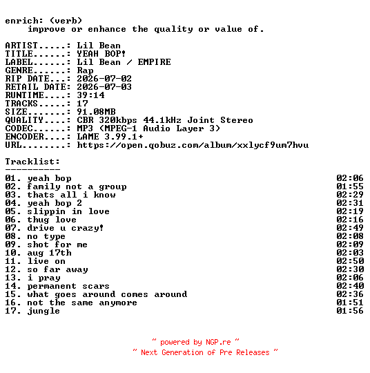 NFO for the release Lil_Bean-YEAH_BOP-WEB-2026-ENRiCH by ENRiCH
