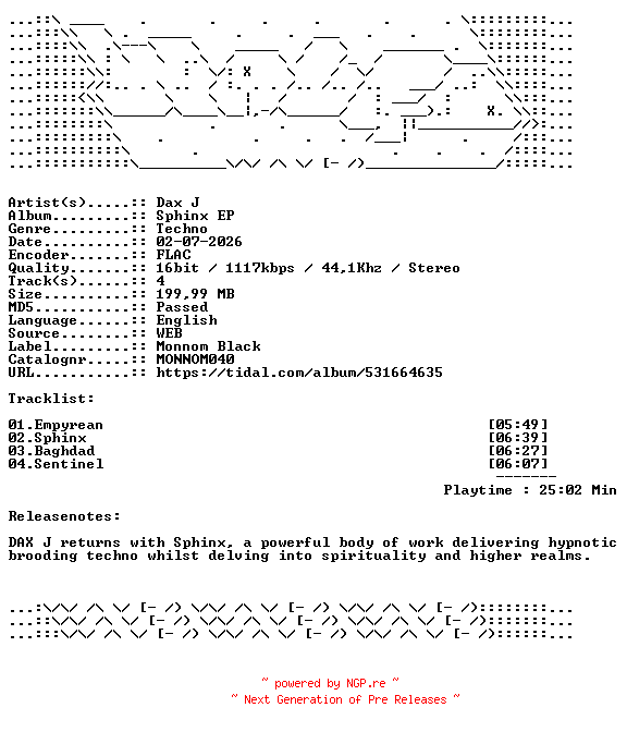 NFO for the release Dax_J-Sphinx_EP-MONNOM040-16BIT-WEB-FLAC-2026-WAVED by WAVED