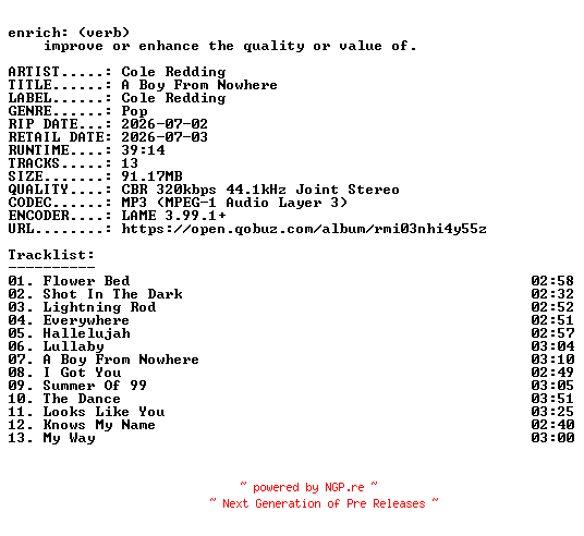 NFO for the release Cole_Redding-A_Boy_From_Nowhere-WEB-2026-ENRiCH by ENRiCH