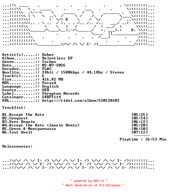 NFO for the release Daher-Relentless_EP-SKRPT114-24BIT-WEB-FLAC-2026-WAVED by WAVED