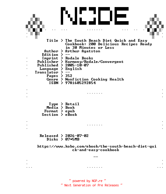 NFO for the release Arthur.Agatston.The.South.Beach.Diet.Quick.and.Easy.Cookbook.200.Delicious.Recipes.Ready.in.30.Minutes.or.Less.2005.RETAiL.EPUB.eBook-NODE by NODE