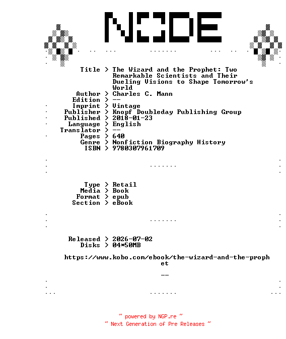 NFO for the release Charles.C.Mann.The.Wizard.and.the.Prophet.Two.Remarkable.Scientists.and.Their.Dueling.Visions.to.Shape.Tomorrows.World.2018.RETAiL.EPUB.eBook-NODE by NODE