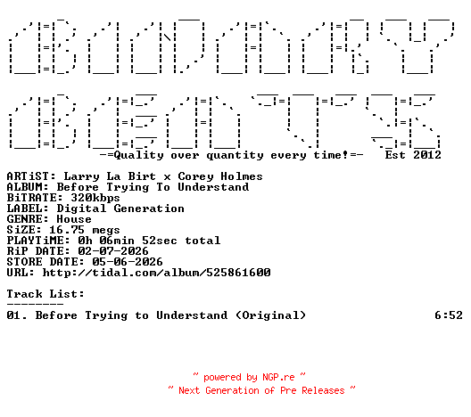 NFO for the release Larry_La_Birt_x_Corey_Holmes-Before_Trying_To_Understand-(DG00027)-SINGLE-WEB-2026-BB by BB