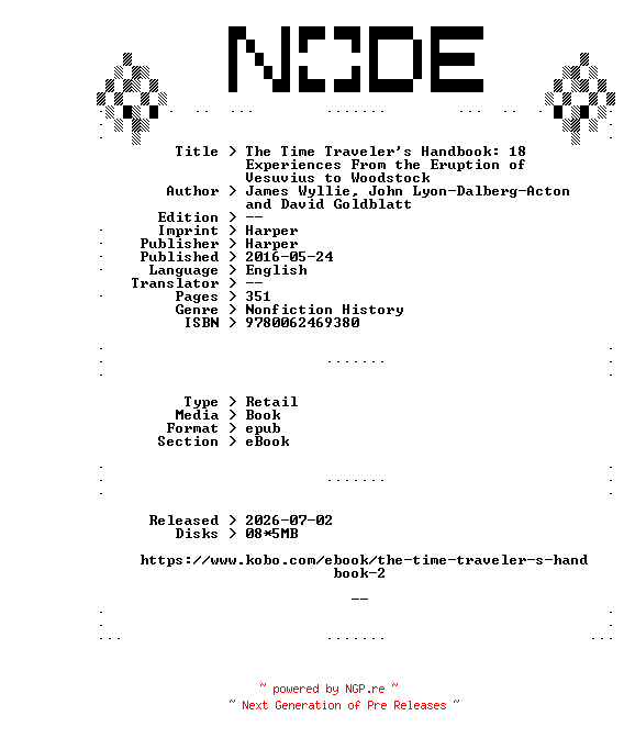 NFO for the release Harper.The.Time.Travelers.Handbook.18.Experiences.From.the.Eruption.of.Vesuvius.to.Woodstock.2016.RETAiL.EPUB.eBook-NODE by NODE