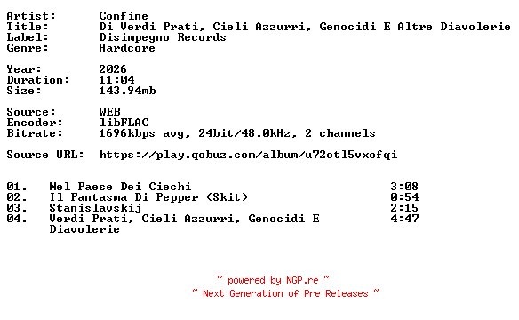 NFO for the release Confine-Di_Verdi_Prati_Cieli_Azzurri_Genocidi_E_Altre_Diavolerie-24BIT-WEB-FLAC-2026-VEXED by VEXED