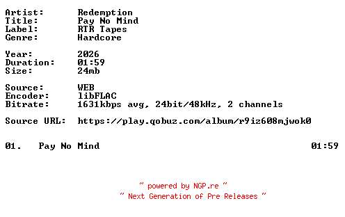 NFO for the release Redemption-Pay_No_Mind-Single-24BIT-WEB-FLAC-2026-VEXED by VEXED
